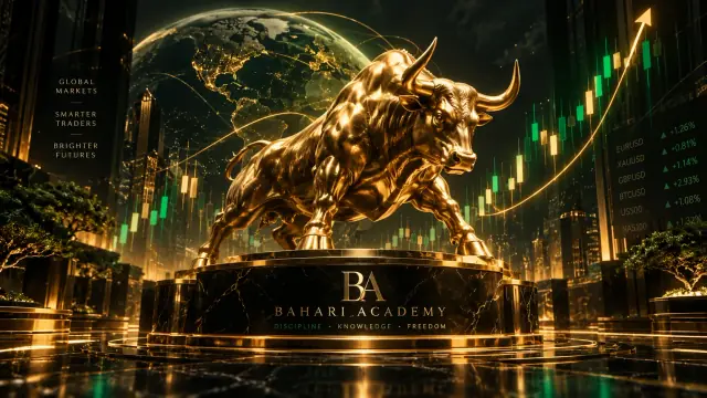 BAHARI ACADEMY: a golden bull statue on a marble pedestal in front of a glowing globe and rising green and gold candlestick charts